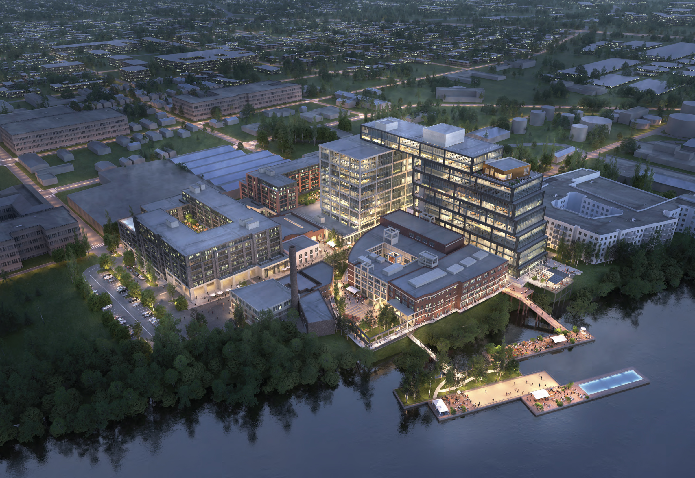 Aerial rendering of full Neuhoff campus with Block 3